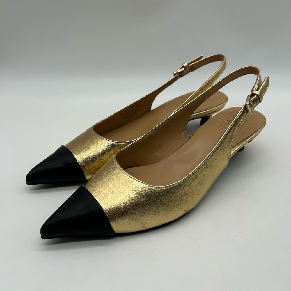 Naturalizer Comfort Slingback Pumps Gold Black Cap Toe Low Heel Size 7W Wide NWB - Picture 5 of 10